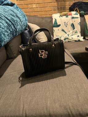 bebe Black Pleated Vegan Leather Crossbody Satchel with Gold-Tone Logo